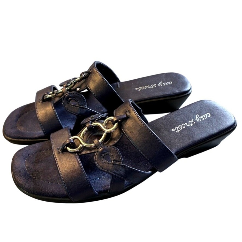 Easy Street Navy Blue Wedge Sandals Women's 10M Silver Ring Hardware Slides